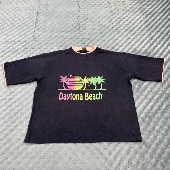 VINTAGE 90s Surf Shirt Adult Extra Large Black Pink Single Stitch Daytona Beach - Picture 1 of 13